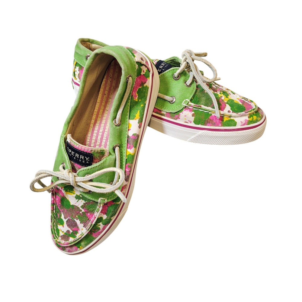 Sperry Top-Sider Bahama Womens 7M Green Pink Floral Canvas Boat Shoes 9447735